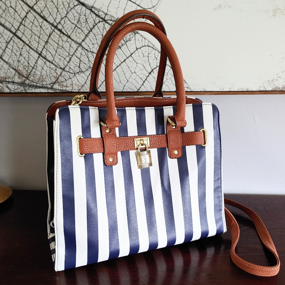 Blue Striped, Vegan Leather Handbag Gold